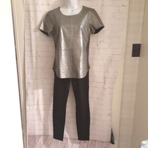 Trouve from Nordstroms Silver Real Leather Front Jersey Back Short Sleeve Top XS